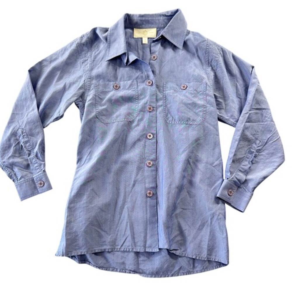 St. John Sport Marie Gray Blue Button Down Shirt Womens Petite Long Sleeve Logo‎